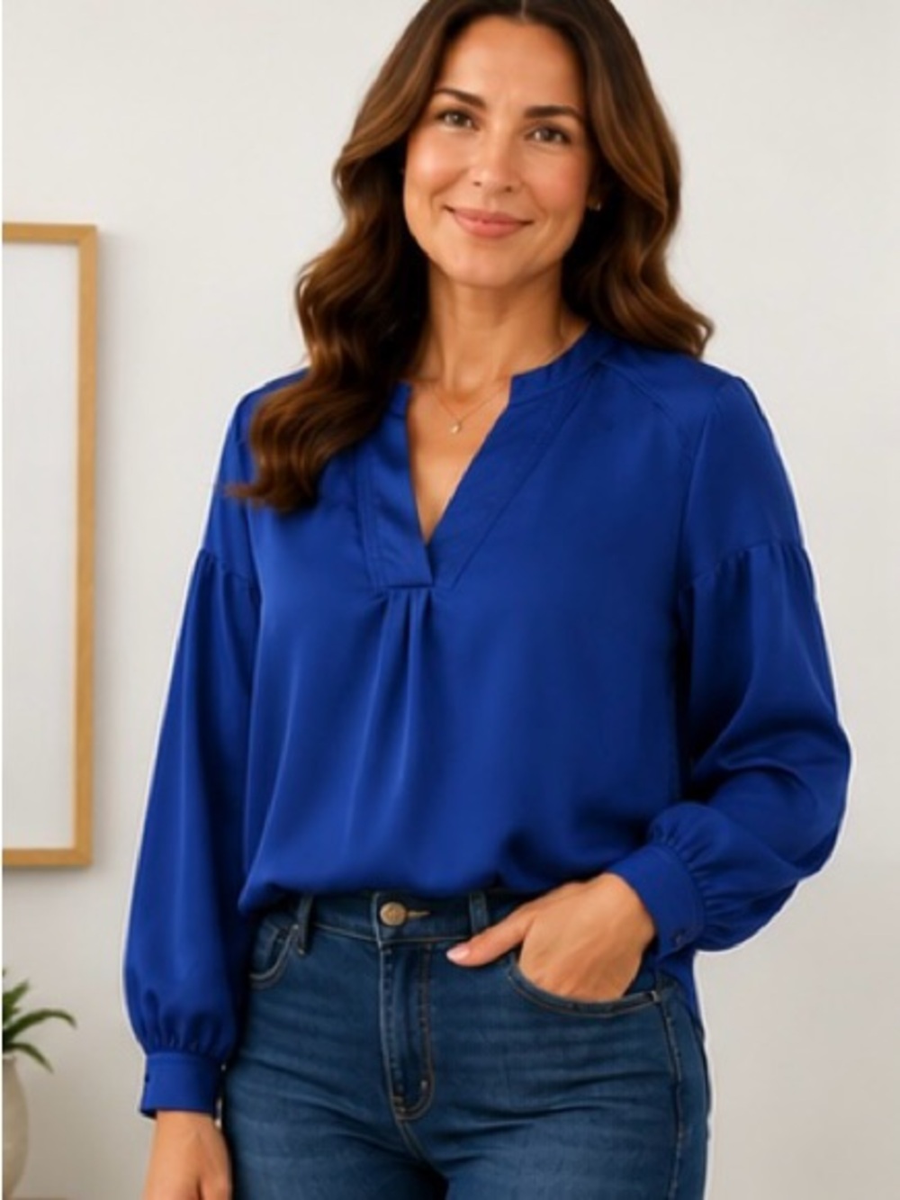 Laundry by Shelli Segal Royal Blue Satin V-Neck Blouse Size Small NWOT
